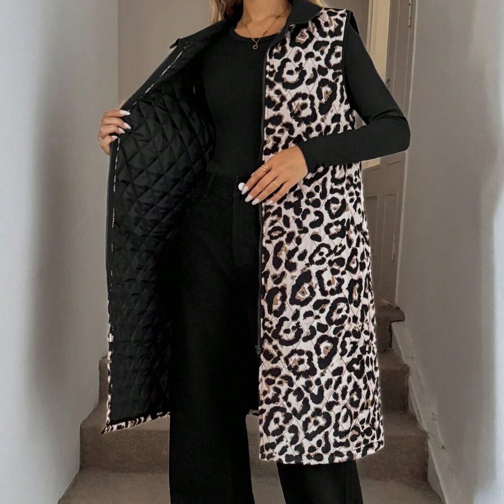 Casual Women's Leopard print Zip up Long Vest Jacket With Pockets - Picture 5 of 6